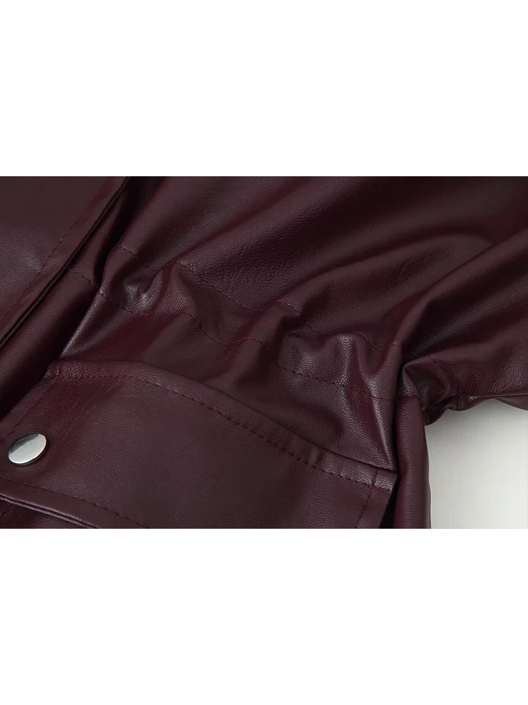 Veste en Faux cuir pour femme, couleur unie, col montant, poches, manteaux en cuir Pu, taille étroite, vêtements d'extérieur, automne