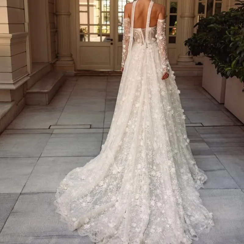 사용자 정의 간단한 새틴 스타일 아이보리 화이트 v 넥 스파게티 아플리케 웨딩 드레스 a 라인 3d 꽃 신부 가운 제작