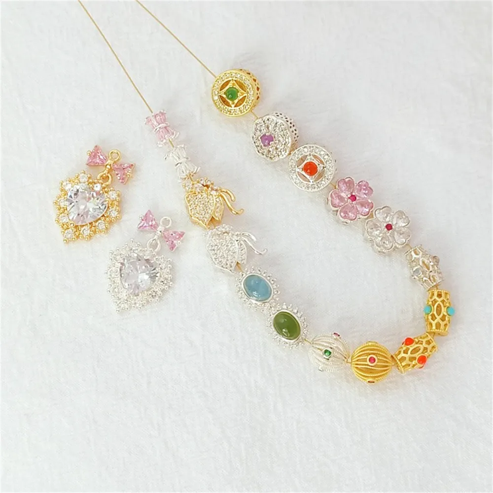 Silver 18K Matte Gold Zircon Hollowed-out Balls Waist Five-leaf Flower Flat Partition Beads DIY Handcrafted Bracelet Accessories