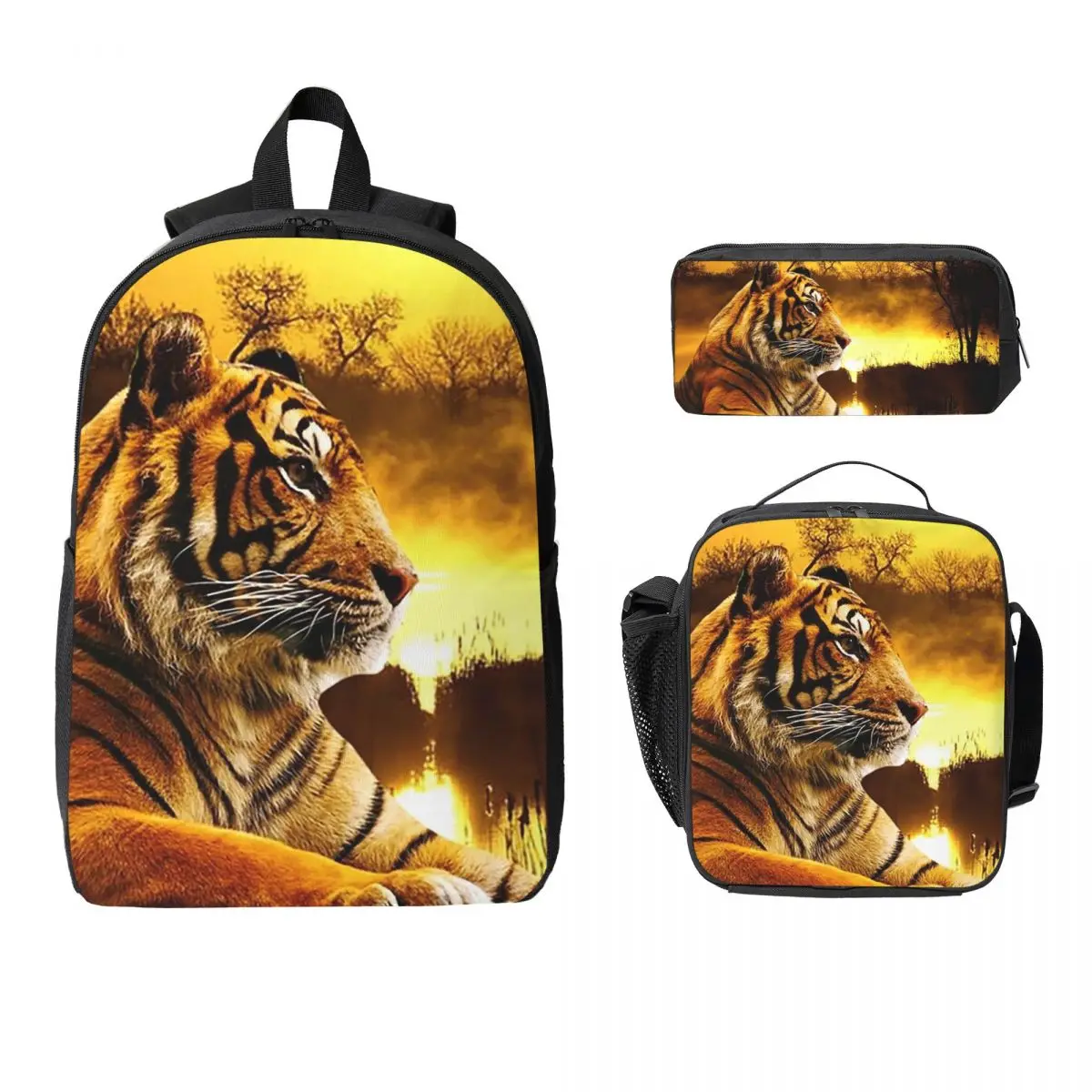 Tiger And Sunset Backpack Student BookBag School Bag Laptop Shoulder Bags 3ps Insulated Lunch Bag Pencil Case