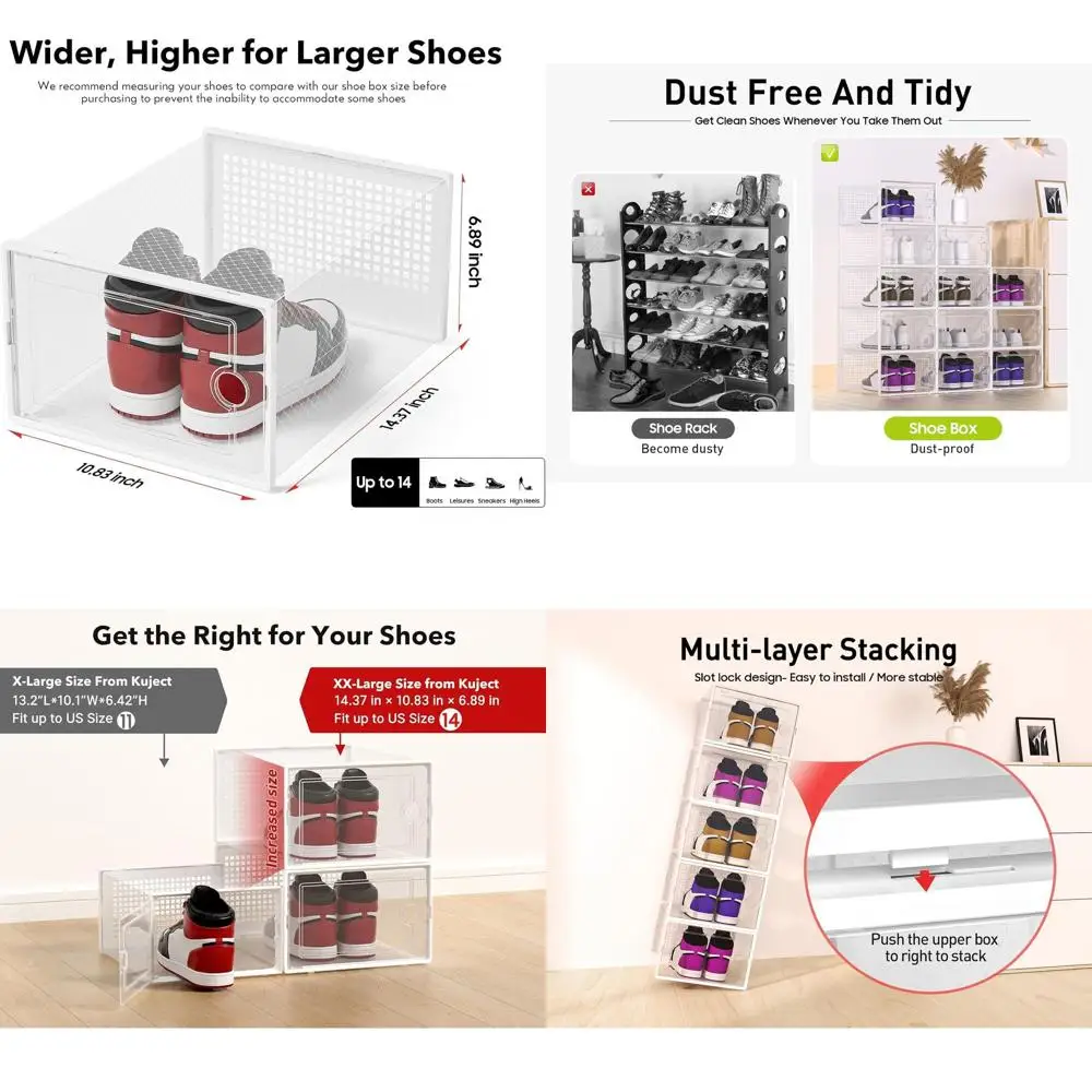 

Прозрачные пластиковые коробки для хранения обуви - набор из 12 штук, штабелируемые органайзеры, альтернатива обувным полкам, идеально подходят для хранения кроссовок и игрушек в прихожей