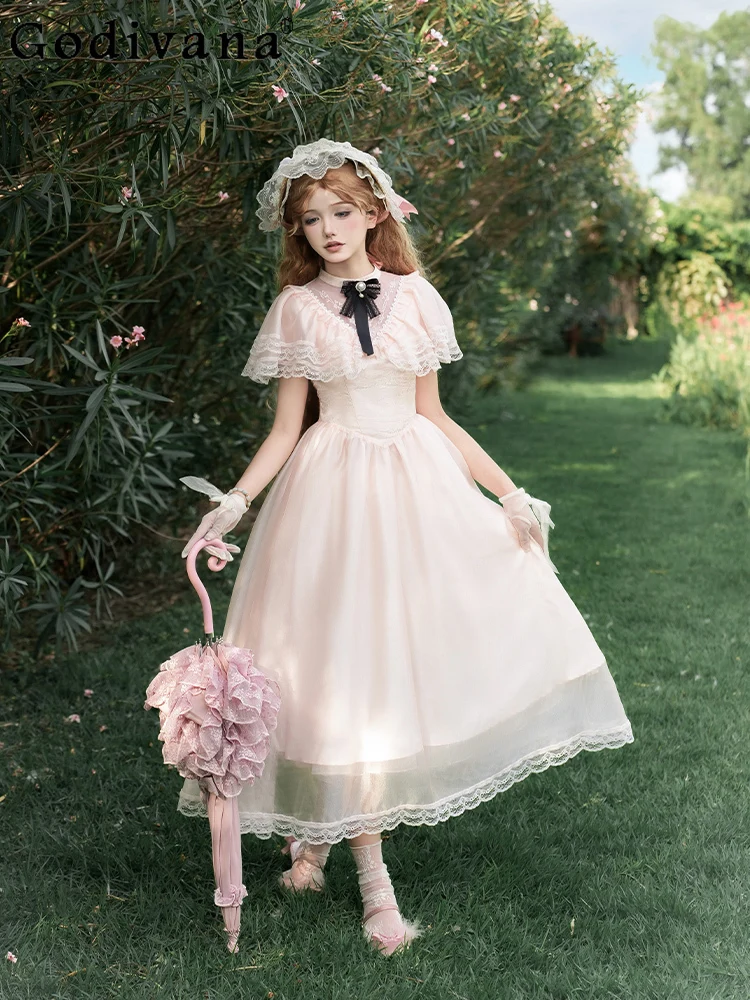 Robe de princesse Lolita rose douce, manches courtes, taille haute, en dentelle, pour filles mignonnes, ligne a, mode, robes de fée polyvalentes, printemps été