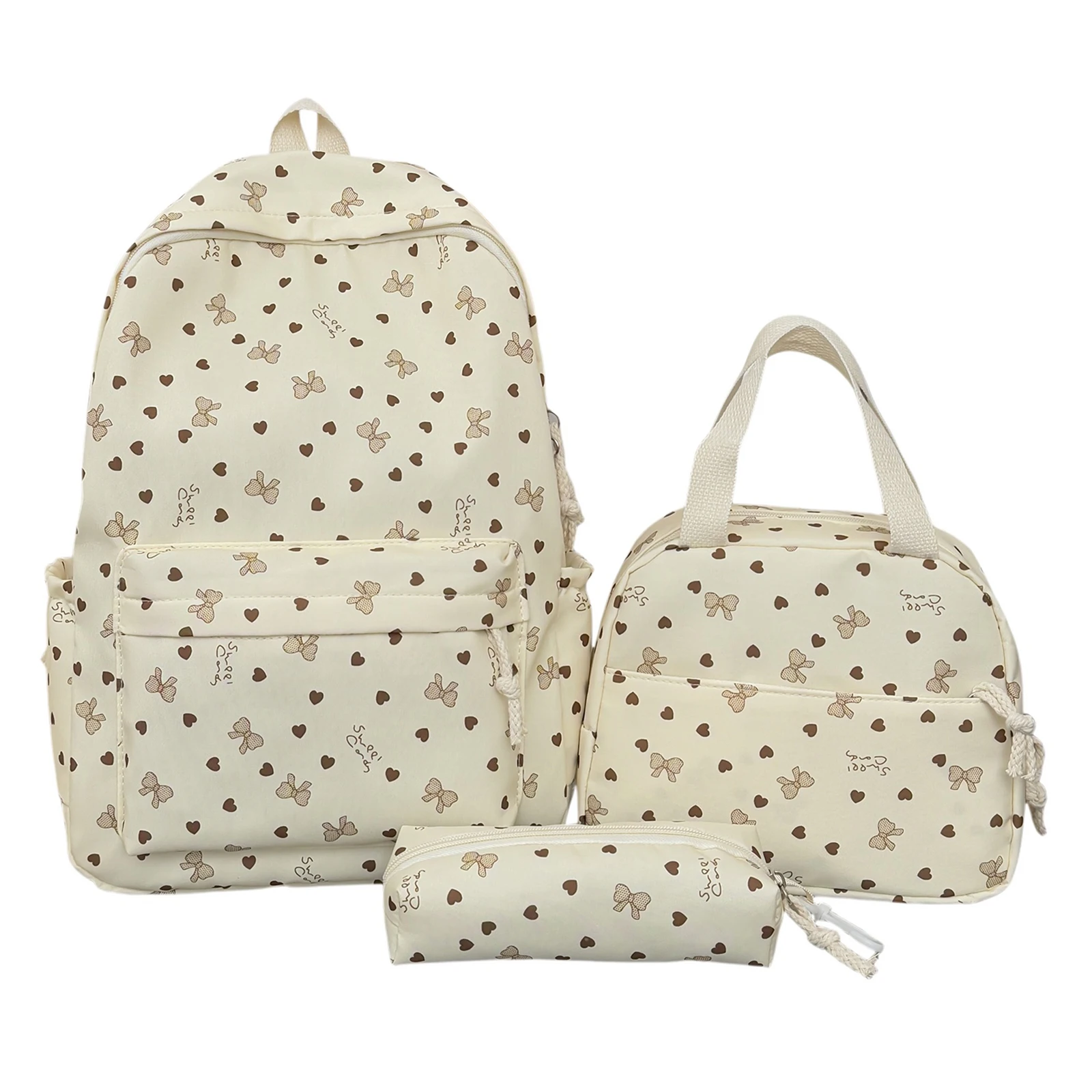 Coquette Bow Love Print Kawaii Backpack Set with Lunch Bag & Pencil Pouch Aesthetic Preppy Backpack for Teens Women