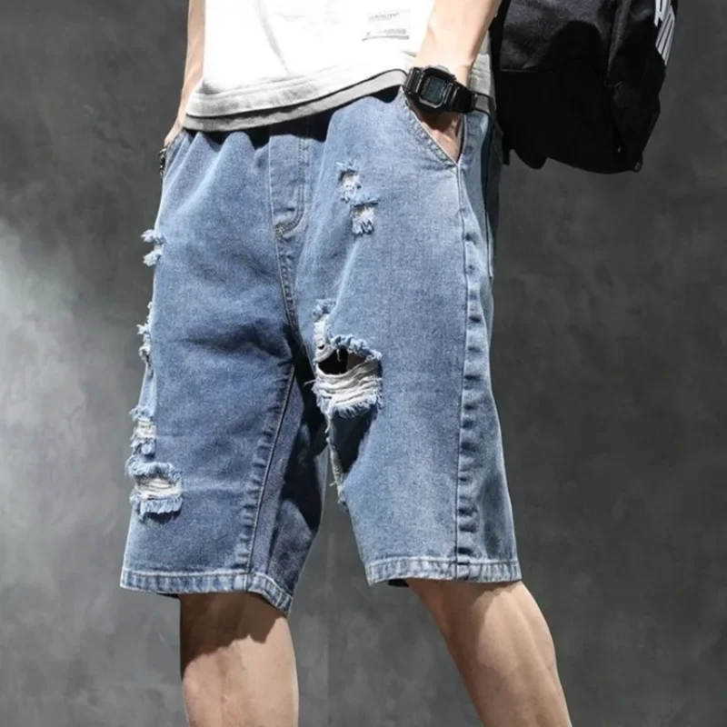 

Wide with Pockets Baggy Ripped Short Jeans Pants for Men Half Long Loose Man Denim Shorts Bermuda Trend 2025 Rude Cut New in Emo