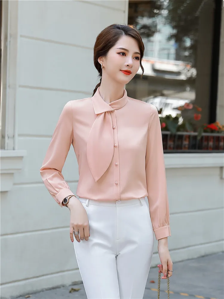 Women\'s Elegant Long Sleeve Shirts Blue White Pink Bow Tie Work Wear Blouse Formal Offcie Tops Fashion Autumn 2023