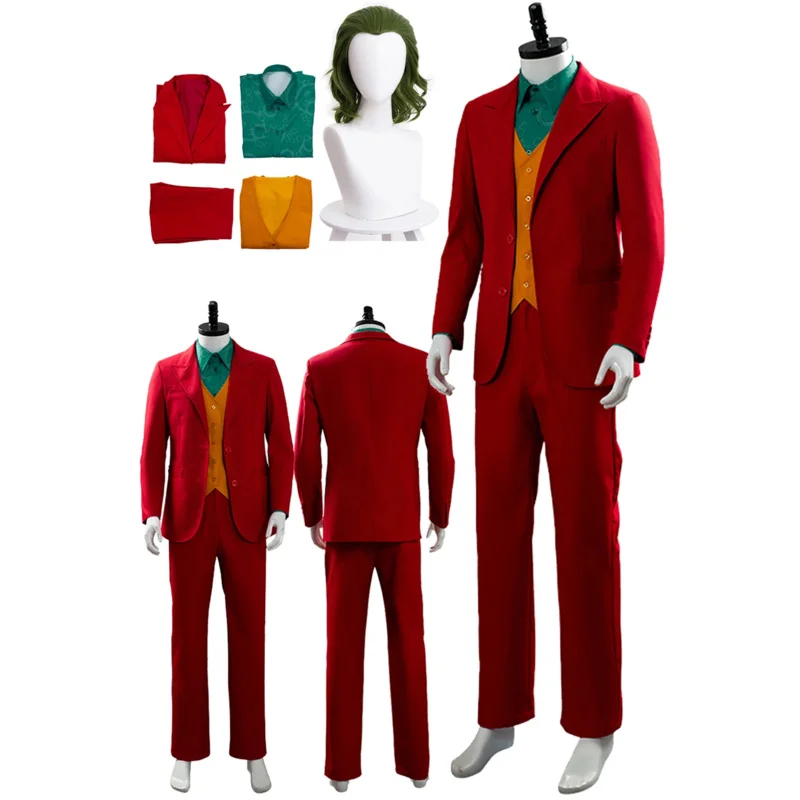 

Men Joker Cosplay Fantasia Wigs Red Suits Movie Super Villain Costume Disguise Adult Male Fantasy Halloween Carnival Party Cloth