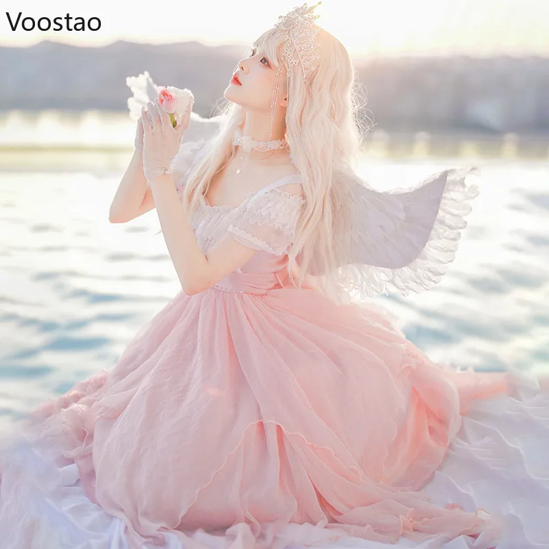 Robe de princesse japonaise Lolita OP pour femme, robe élégante en dentelle rose douce, robes de soirée JOPink, robe dégradée pour fille victorienne, Kawaii