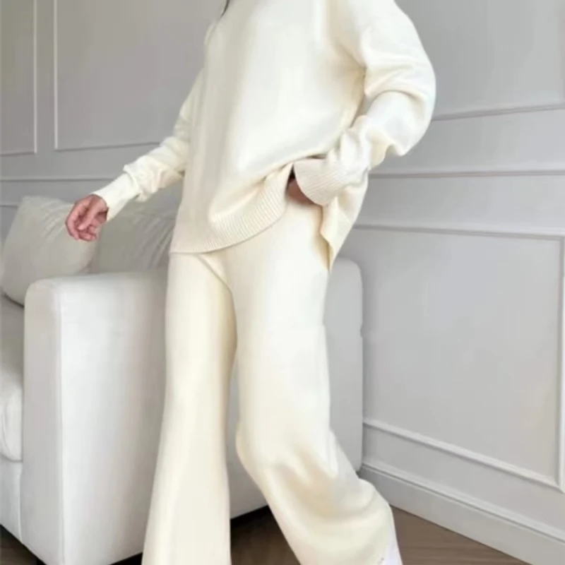 Monochrome Knitted Suit for Women, High Neck, Wide-Leg Trousers, Lazy Wind Hair, Autumn and Winter