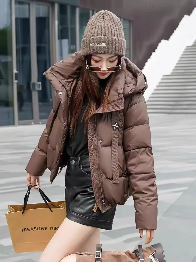 Schinteon المرأة مربوط أسفل سترة مع غطاء محرك السيارة الخريف الشتاء الدافئة سميكة أبلى الأبيض بطة أسفل معطف غير رسمي 2025 جديد #3