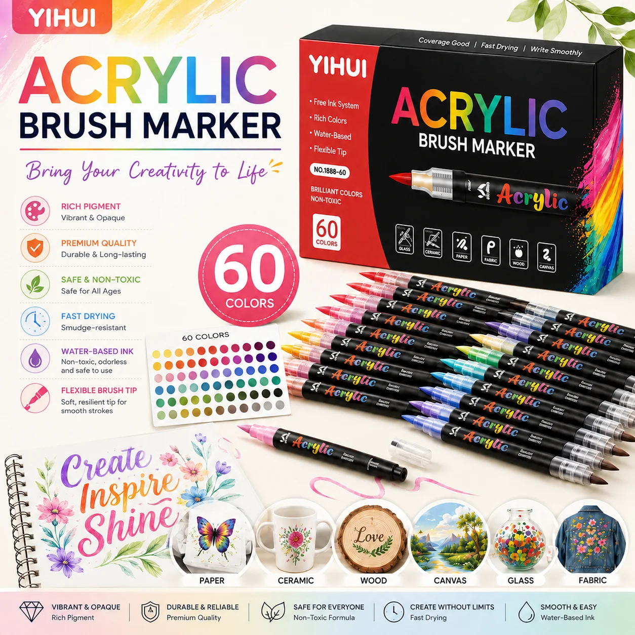 12/24/36/48/60 Colors Acrylic Paint Pens Markers Brush Tip Paint Markers For Rock Painting Wood Stone Glass Gift DIY Crafts