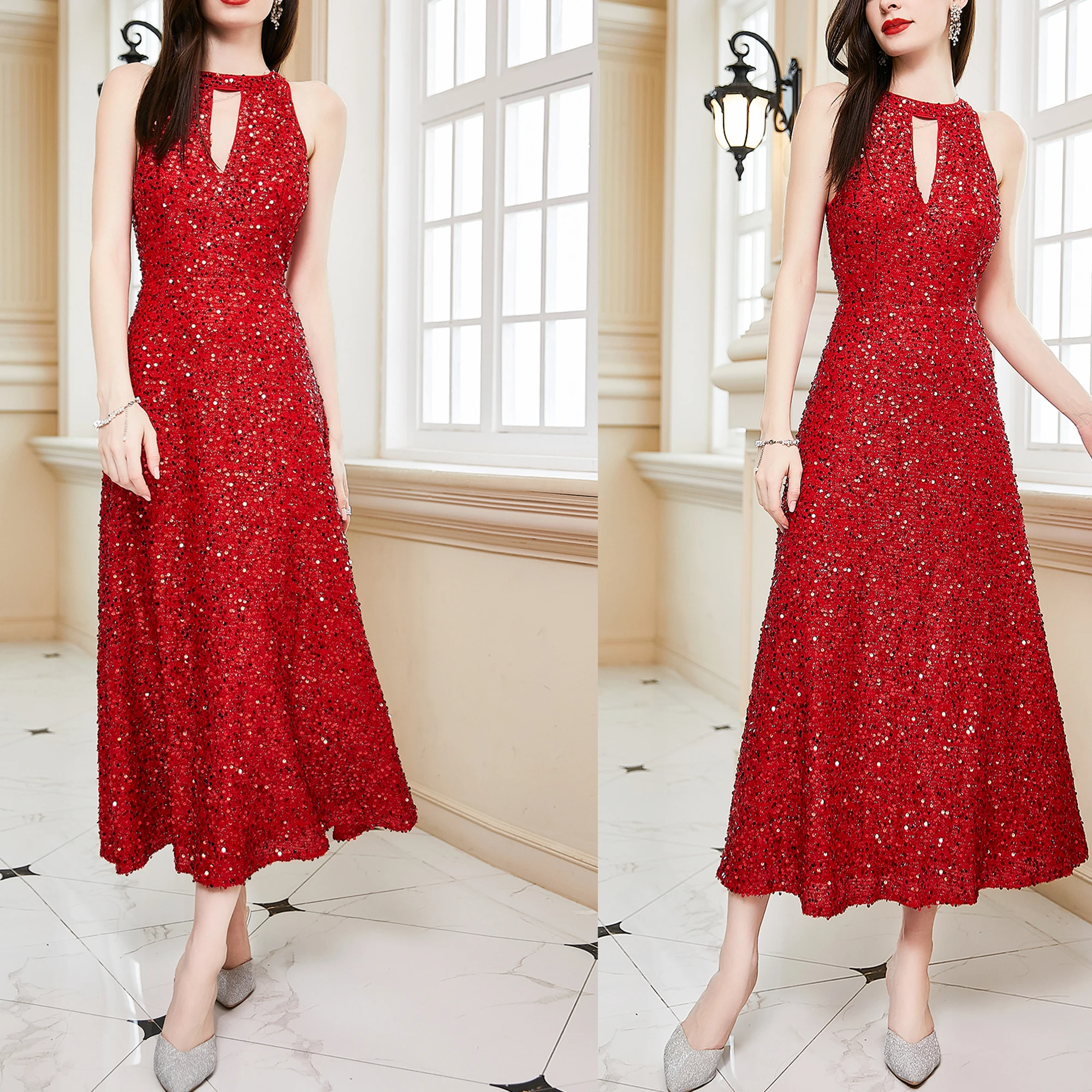 Women's high neck sleeveless sexy red sequin party evening dress, high waist slim fit backless elegant big swing hollow ball dre