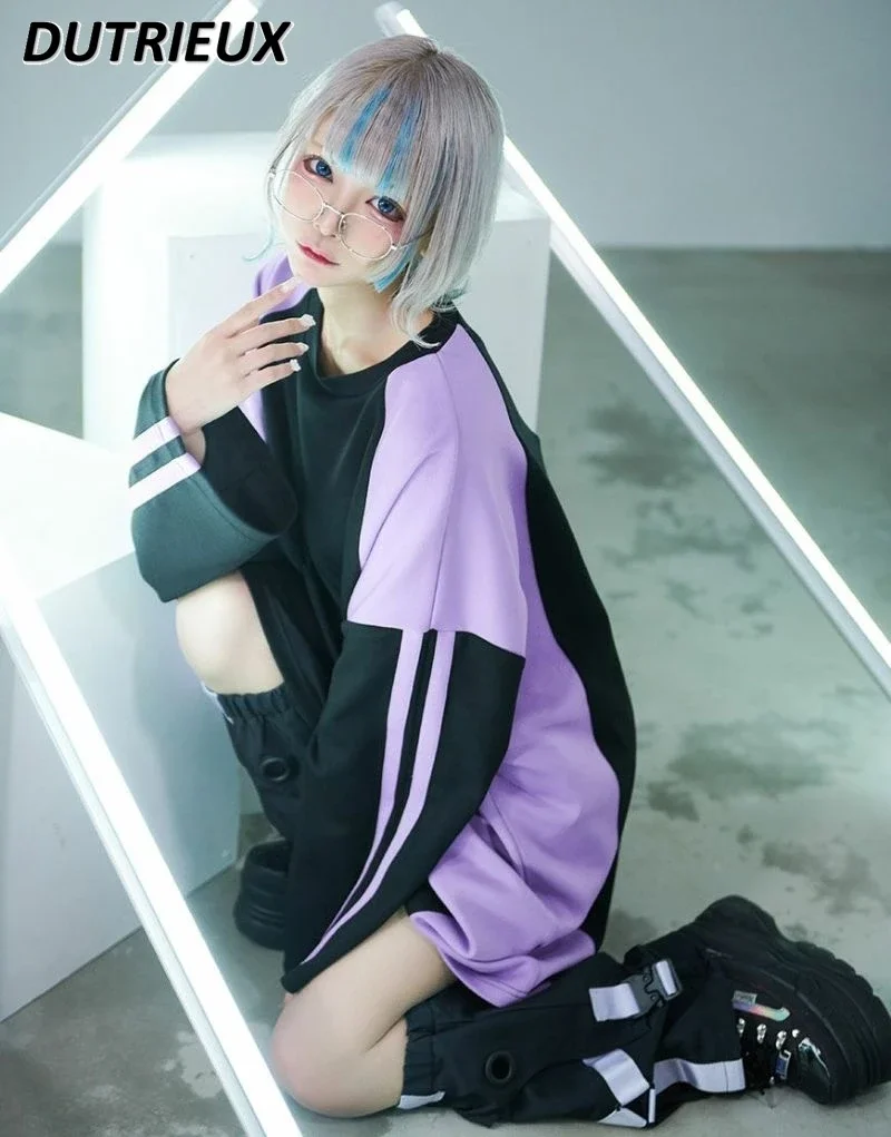 일본 광산 색상 매칭 스포츠 티셔츠 드레스 봄과 가을 새로운 달콤한 소녀 라운드 넥 긴 소매 중간 길이 풀오버