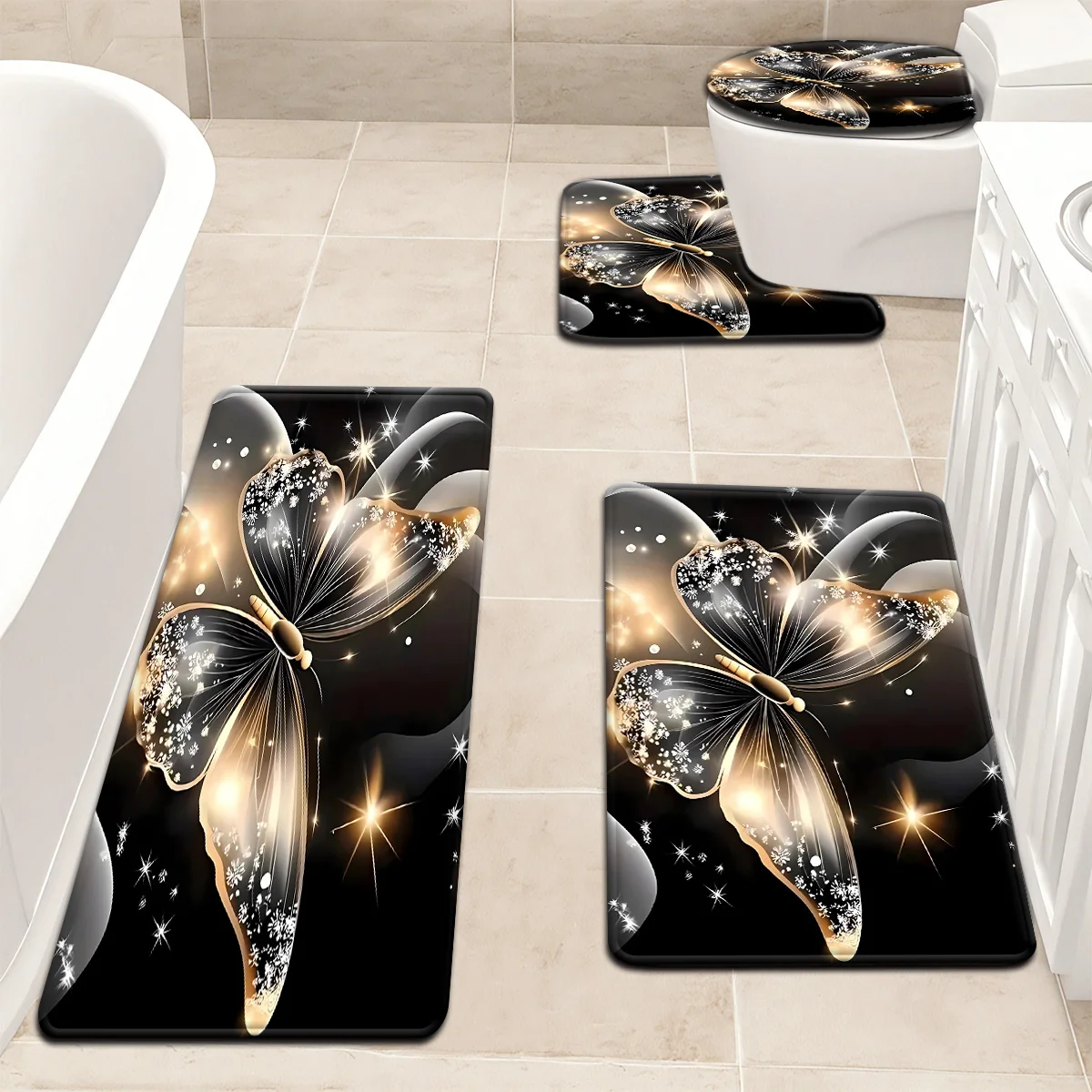 1pc Valentine's Day Series Black Background Butterfly Pattern Bathroom Mat Set, Toilet Lid Cover and Rug, Bathroom Decor, U-Sh