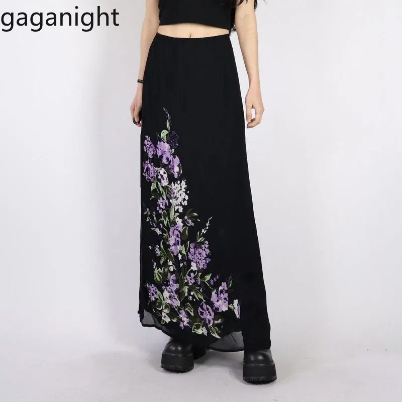 

Gaganight винтажные длинные юбки женские с цветочным принтом сетчатая лоскутная высокая талия темпераментная элегантная модная юбка Y2k повседневная