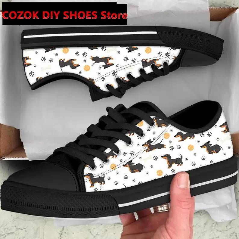 Dachshund and Musical Notes Printed Low Top Style Sneakers for Women Ladies Comfortable Flats Shoes Walking Shoes