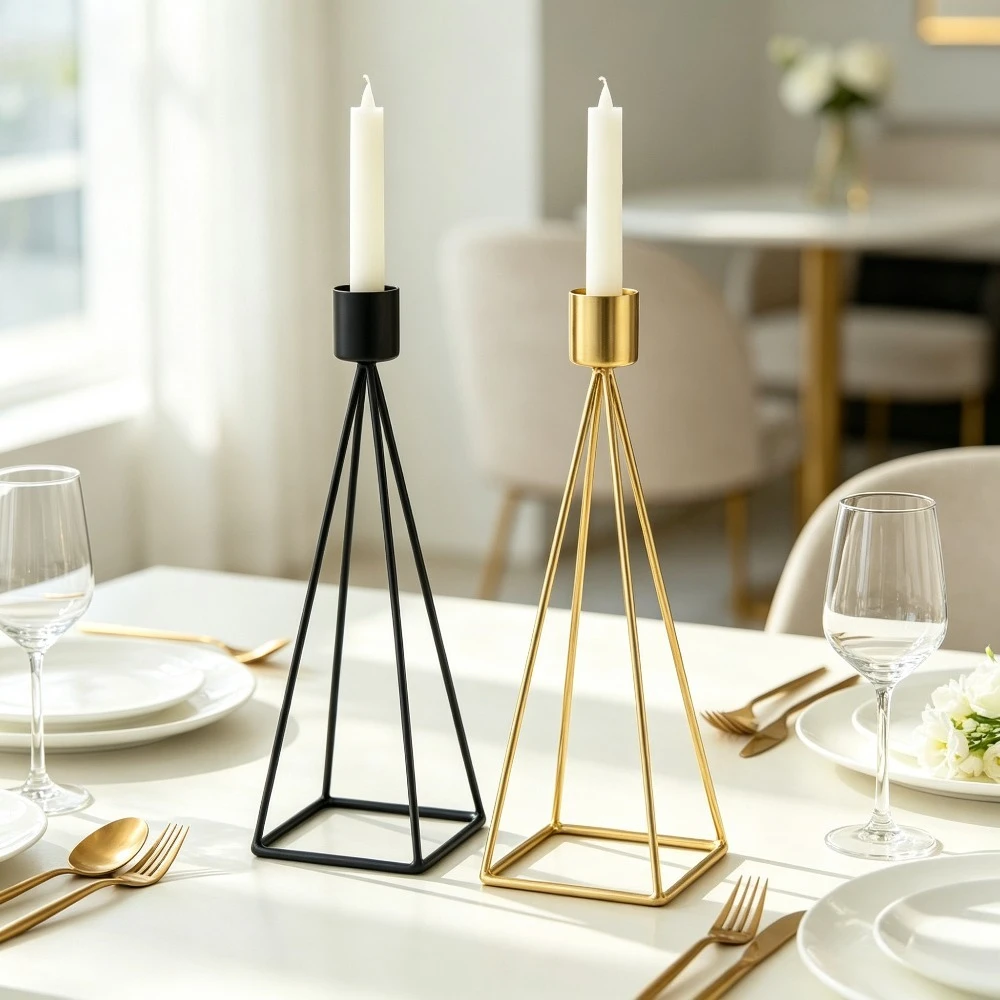 Modern Geometric Metal Taper Candle Holders Black Gold Wire Frame Candlestick For Wedding Table Home Dining Decor