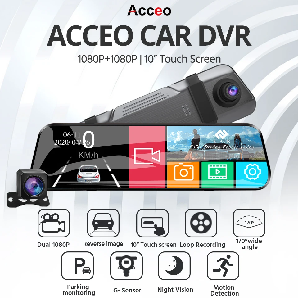 Acceo 9.66 Inch Touch Screen Dash Cam Car DVR Mirror Recorder with Rear View Camera Night Vision and 24H Parking Mode Black Box