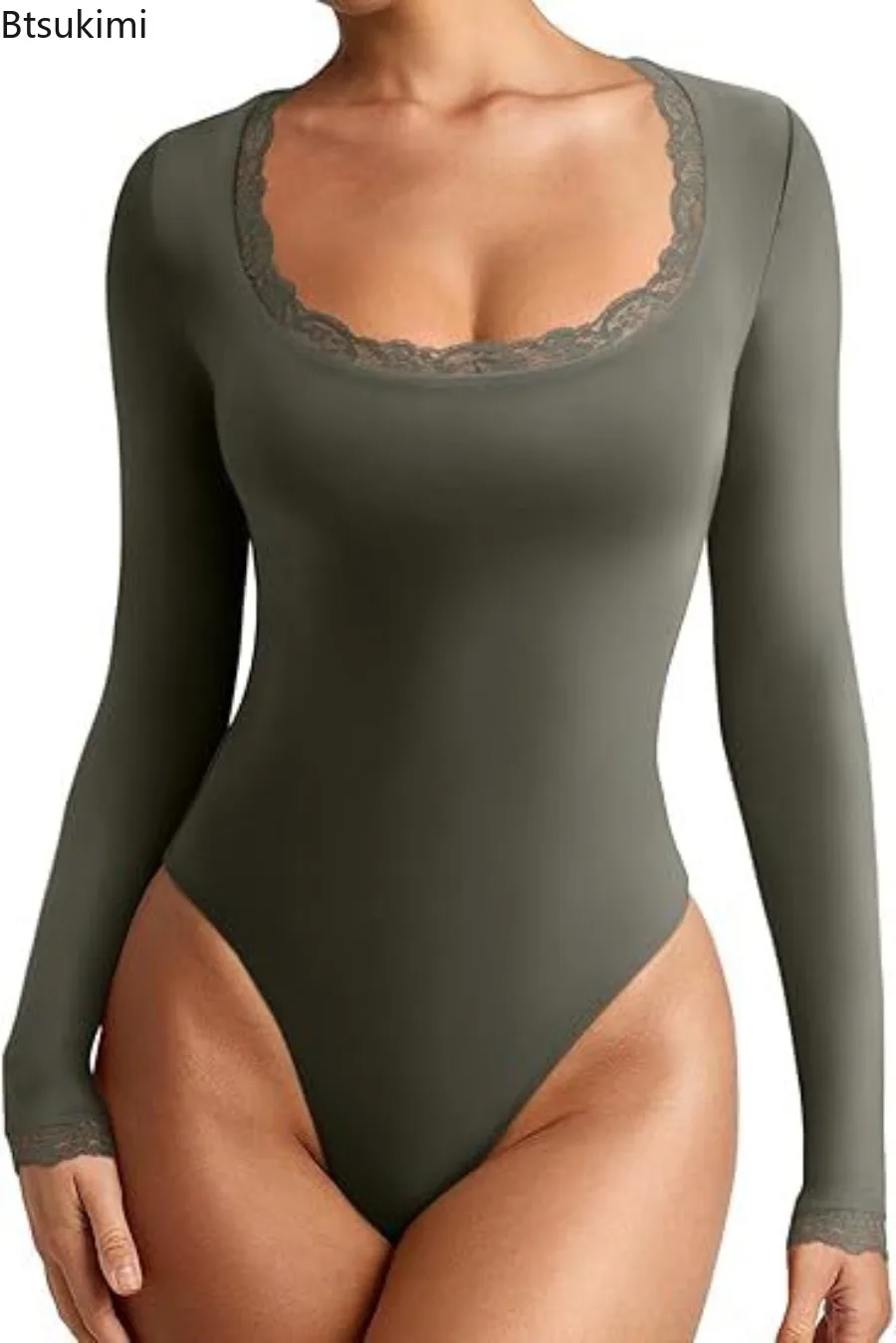 Damski seksowny kombinezon z koronką, okrągły dekolt, bezszwowy, długi rękaw, seksowny, nowy styl na wiosnę 2025, jednolity kolor, dopasowany krój, koszulka z długim rękawem.