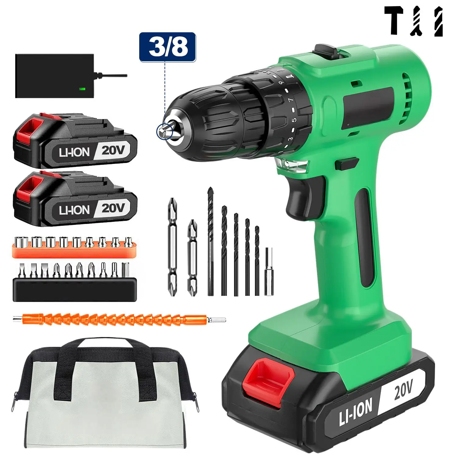 20V Cordless Impact Drill with Variable Speed Electric Screwdriver for Drilling Battery Powered