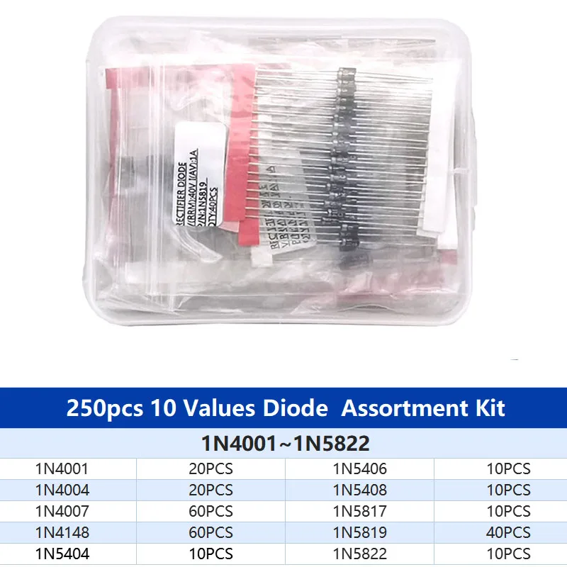 Kit diodo raddrizzatore Box FR107 FR207 1 n4148 1 n4001 1 n4004 1 n4007 1 n5408 1 n5819 1 n5822 Set di diodi Schottky a commutazione rapida