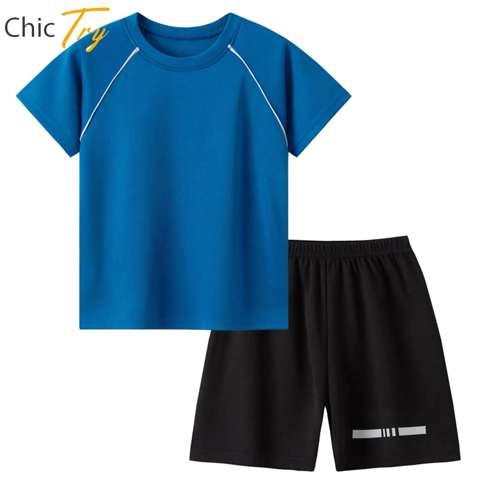 

Kids Boys Quick-Drying Mesh Sports Set Tracksuit Short Sleeve T-shirt+Stretchy Shorts for Football Basketball Running Workout