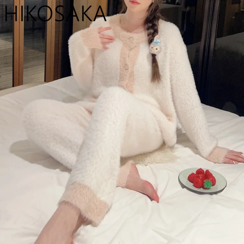 Japan Style Velvet Soft Loose Homewear Suit Single Breasted Patchwork Sweet O Neck Pajama Long Sleeve Casual Lovely Pajamas