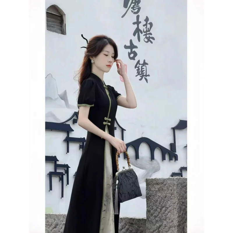 

New Chinese Style National Style Light Luxury High Sense Elegant Cheongsam Dress Women's Summer2025New Cinched Slimming Long Dre