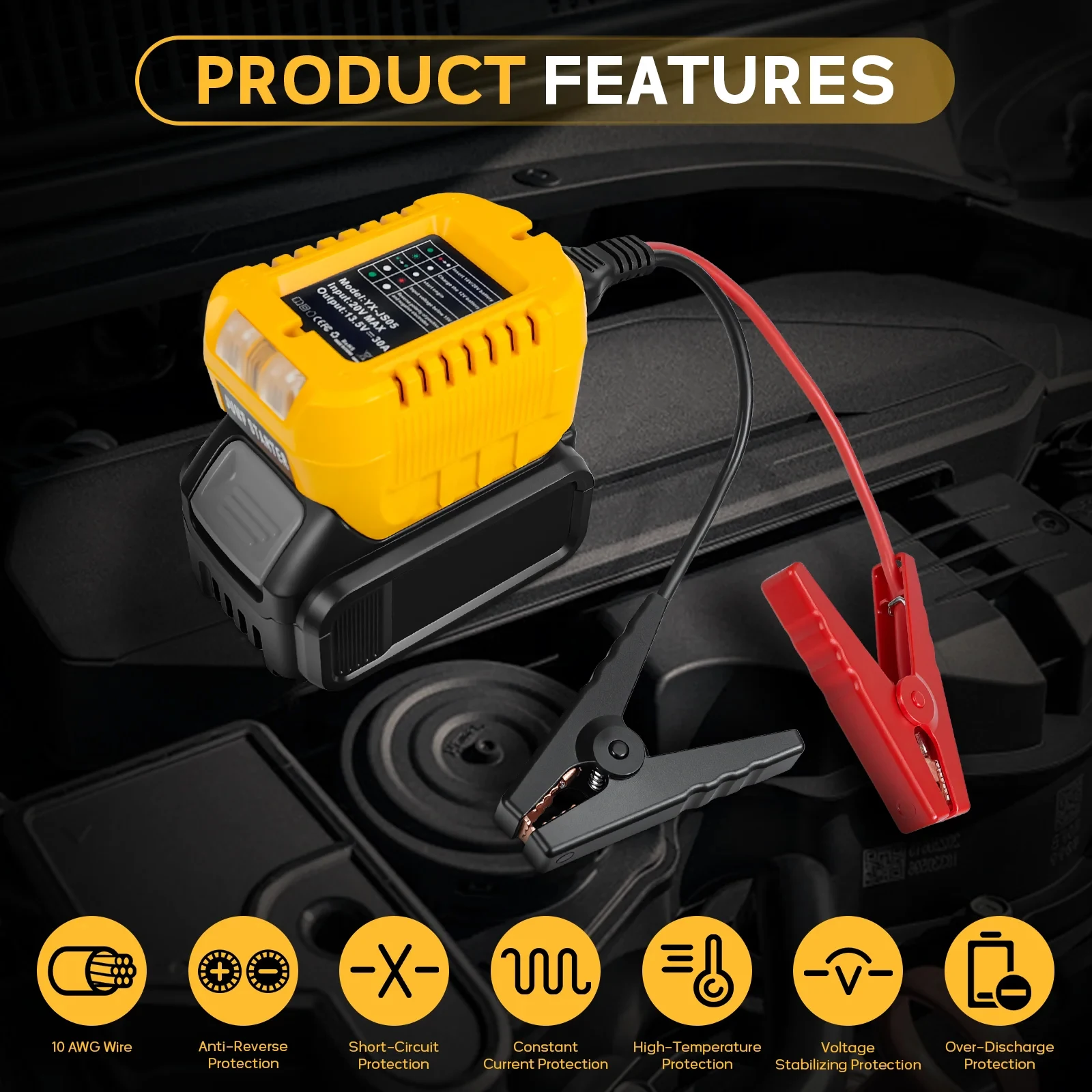 Autobatterie-Adapter, Starter, Zünder, Notstromversorgung, Startkabel mit Clip, Starthilfe für Dewalt 18 V-20 V Batterie – Detail 6