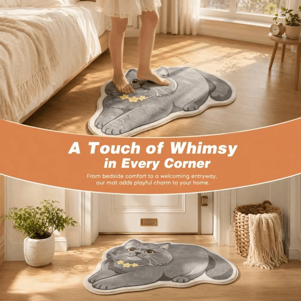 Soft Surface Cat Shape Floor Mat Crystal Velvet 2D Printed Bedside Carpet Low Profile Imitation Cashmere Entryway Door Mat