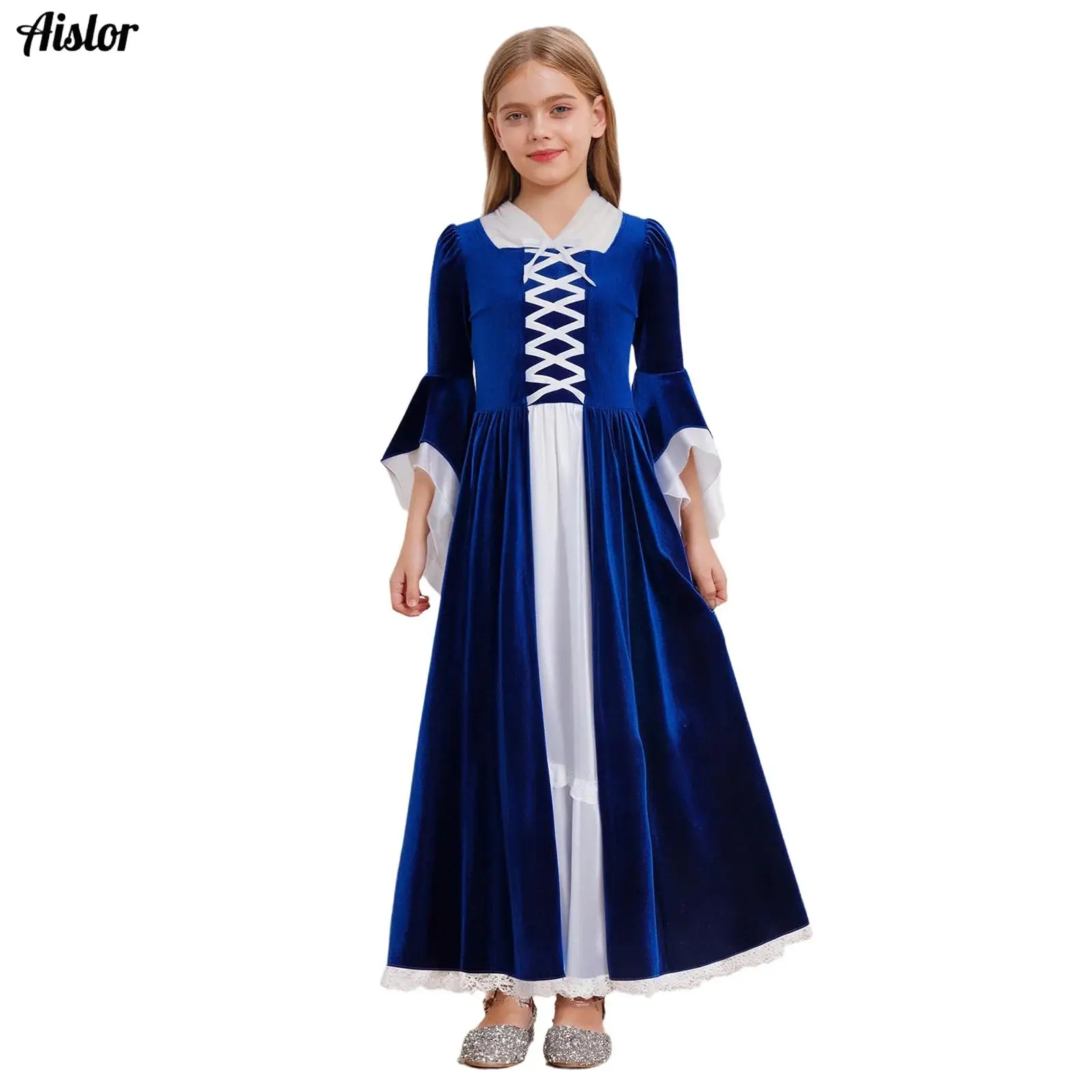 

Kids Girl Medieval Princess Dress Patchwork Color Contrast Long Bell Sleeve Ruffled Lace Trim Maxi Dress for Halloween Cosplay