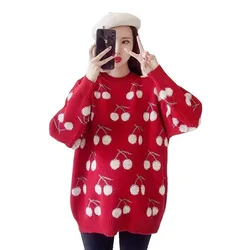 Cherry Print Harajuku Red Sweater Women Autumn Winter Clothes Foreign Style Casual Streetwear Pullover Top