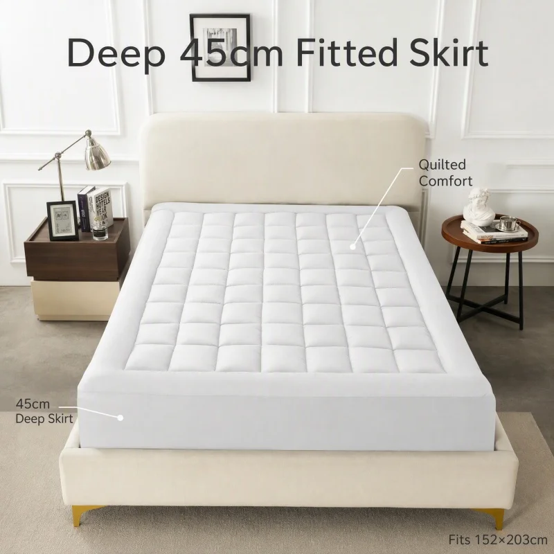 Fitted Mattress Topper Thicken Bed Cover with Deep Pocket White Soft Comfortable Mattress Protector Pad for Home Hotel 152*203