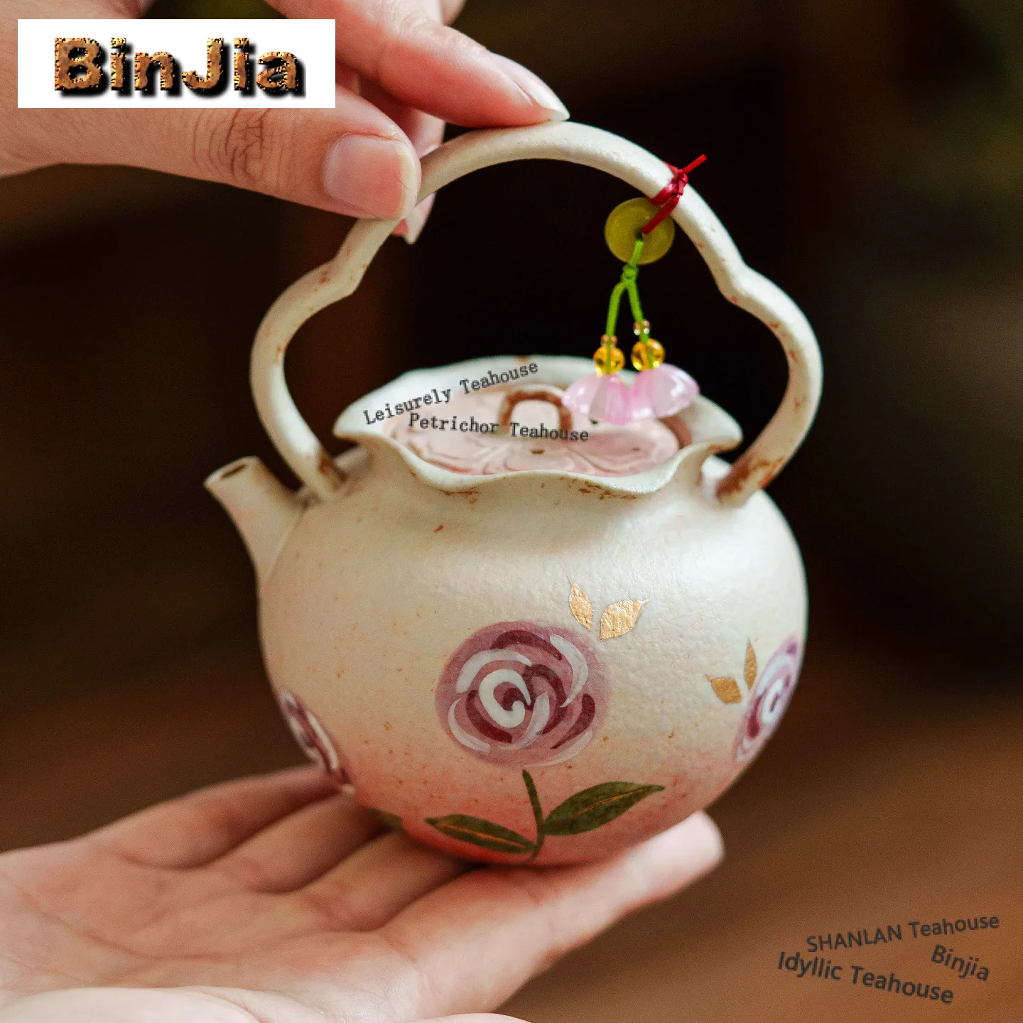

150ml Hand Painted Rose Lifting Handle Teapot Handmade Tea Infuser Pot Tea Brewing Kettle With Ball Hole Drinkware Collection
