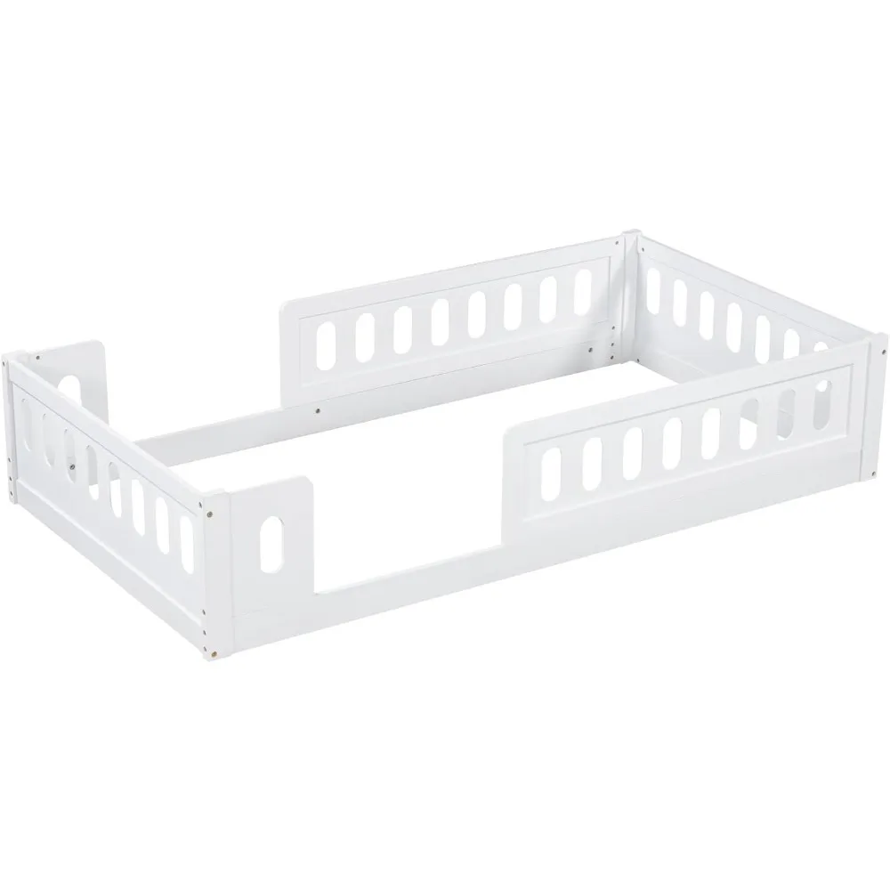 سرير أطفال من مونتيسوري ذو أرضية مزدوجة مع حاجز أمان خشبي عالي، أبيض