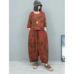 Printed Vintage Cotton Linen Pant Set Big Pocket Long Sleeve Top + Pumpkin Pants Two-piece Set Women 2024 Autumn ZF212