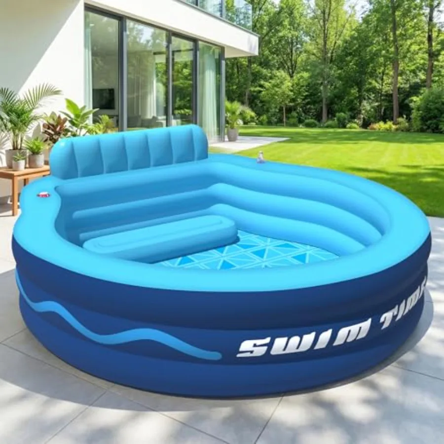 Inflatable Pool with Seats and Headrest for Backyard Use Thickened PVC Blue Durable Oversized 90×90×20 Adult Lounge Pool
