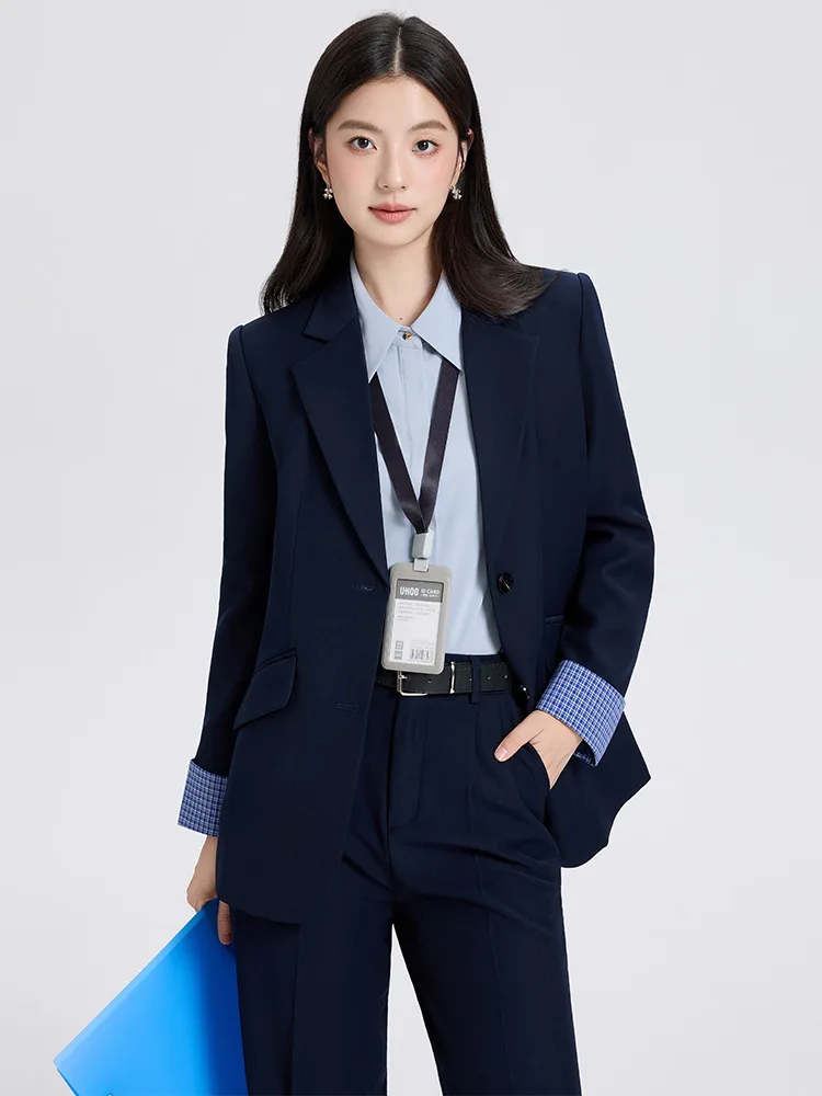 

Темно-синий профессиональный костюм для женщин, весенне-осенний, элегантный для поездок на работу и собеседований, двухкомпонентный костюм для питомца.