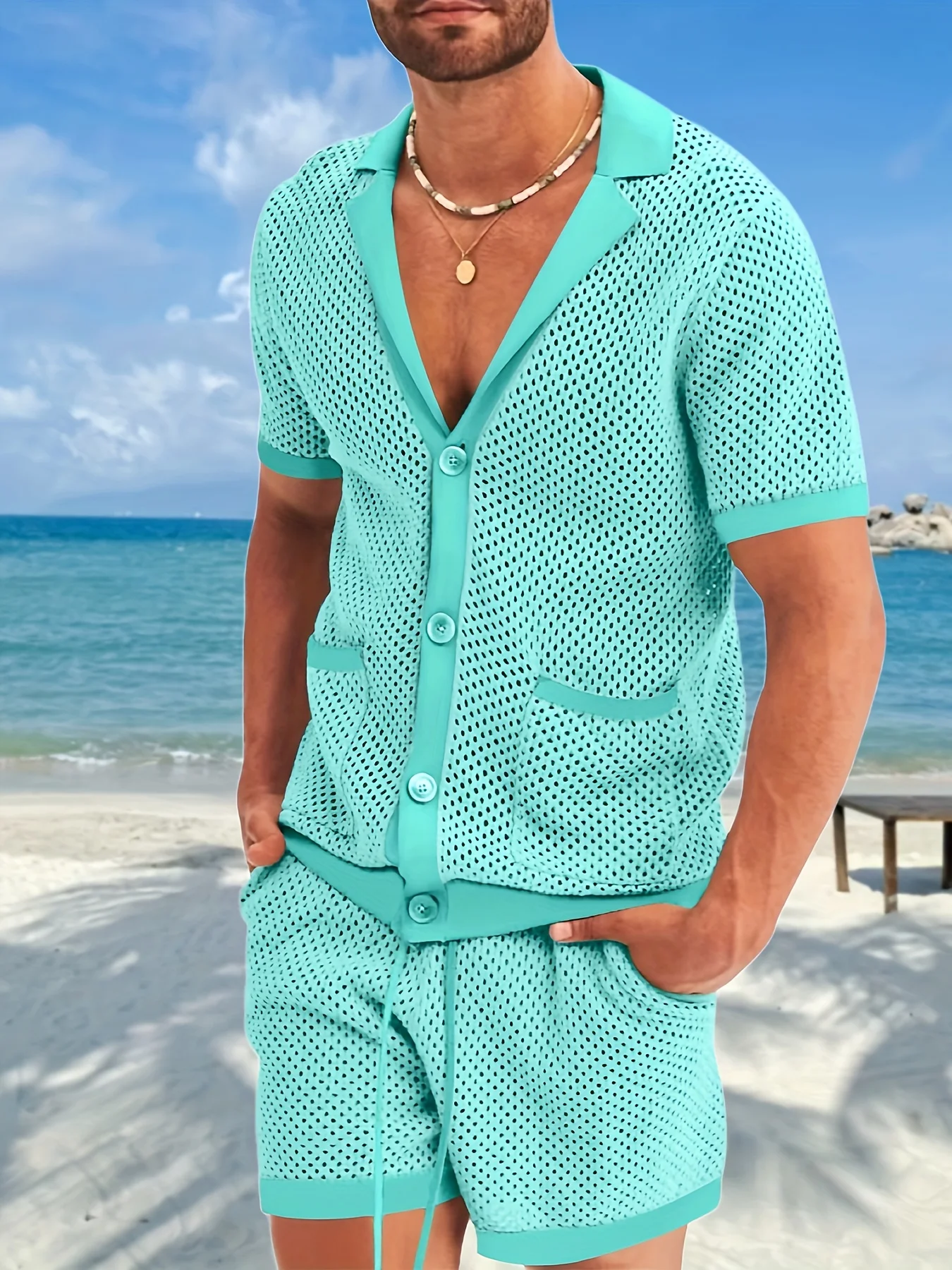 2-Piece Summer Outfit for Men - Breathable Mesh Shirt with Lapel Collar and Button Details,Matching Semi-Transparent Shorts with