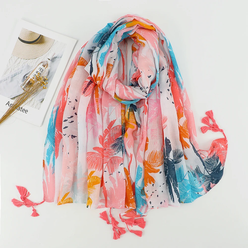 Bufanda de viscosa con borlas florales abstractas para mujer, chal de alta calidad, Pashmina fina, Hijab musulmán 2022x85Cm, 180