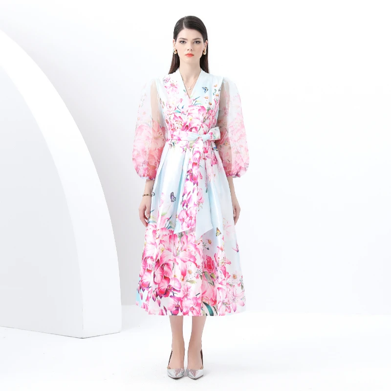Robe longue imprimée vintage à manches style cravate pour vacances