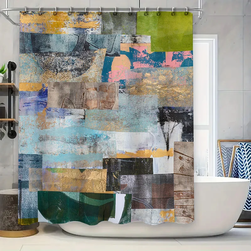Modern Abstract Print Shower Curtain Fabric Waterproof Decor Home Bathroom Wall Hanging Rectangular Size Customizable Blue Green