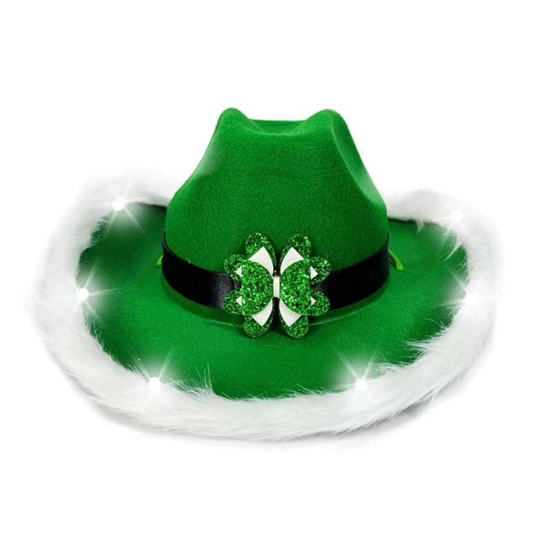 Green Shamrock Hat for StPatrick Day Light Up Furry Trim Hat Irish National Day Holiday Celebration Festival Headwear