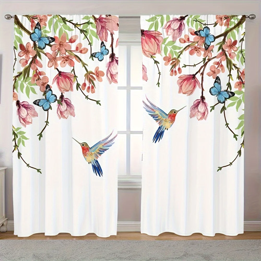 Hummingbird Semi-Blackout Curtain Panels 2pcs Woven Polyester Rod Pocket Curtains Digital Print for Bedroom Living Room Windows