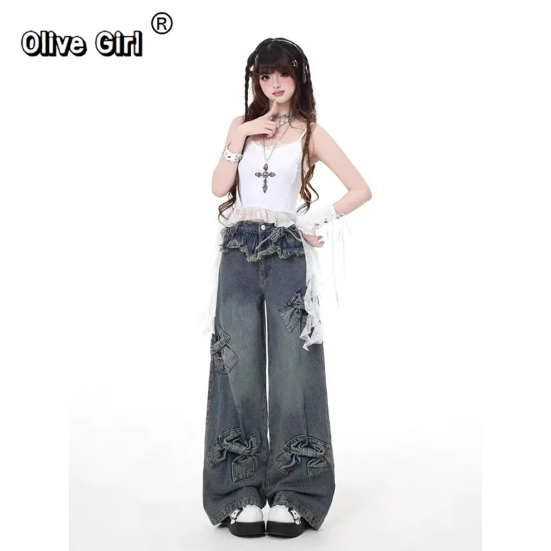Olivegirl-pantalones vaqueros con lazo Y2k para mujer, pantalón vaquero Retro americano Harajuku, pantalones holgados de pierna ancha con retales de gran tamaño