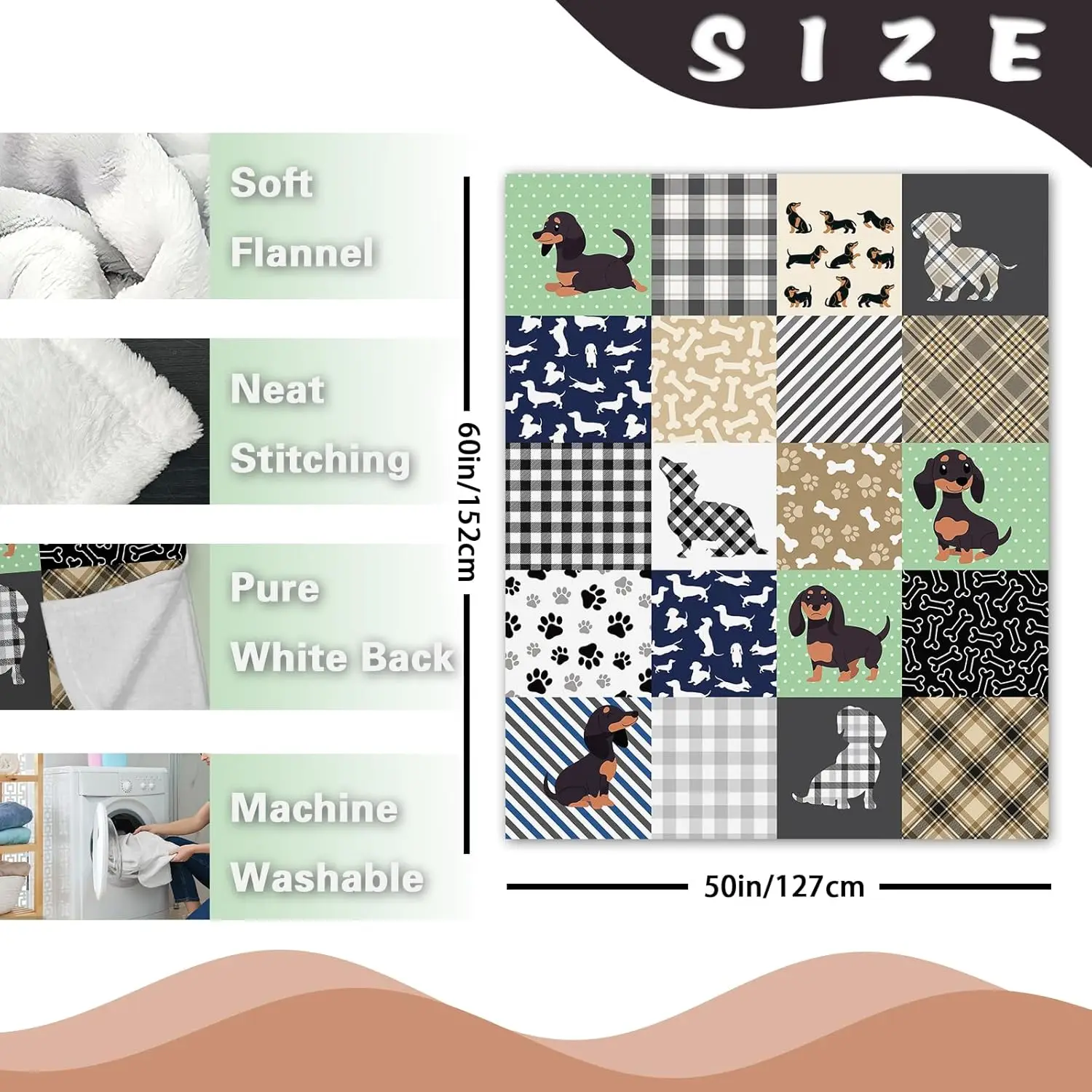 Dachshund Dog Flannel Throw Blanket, Birthday for Pet Owner Lover Kids Men Women, Cute Puppy Paw Prints Bone Soft Blankets for