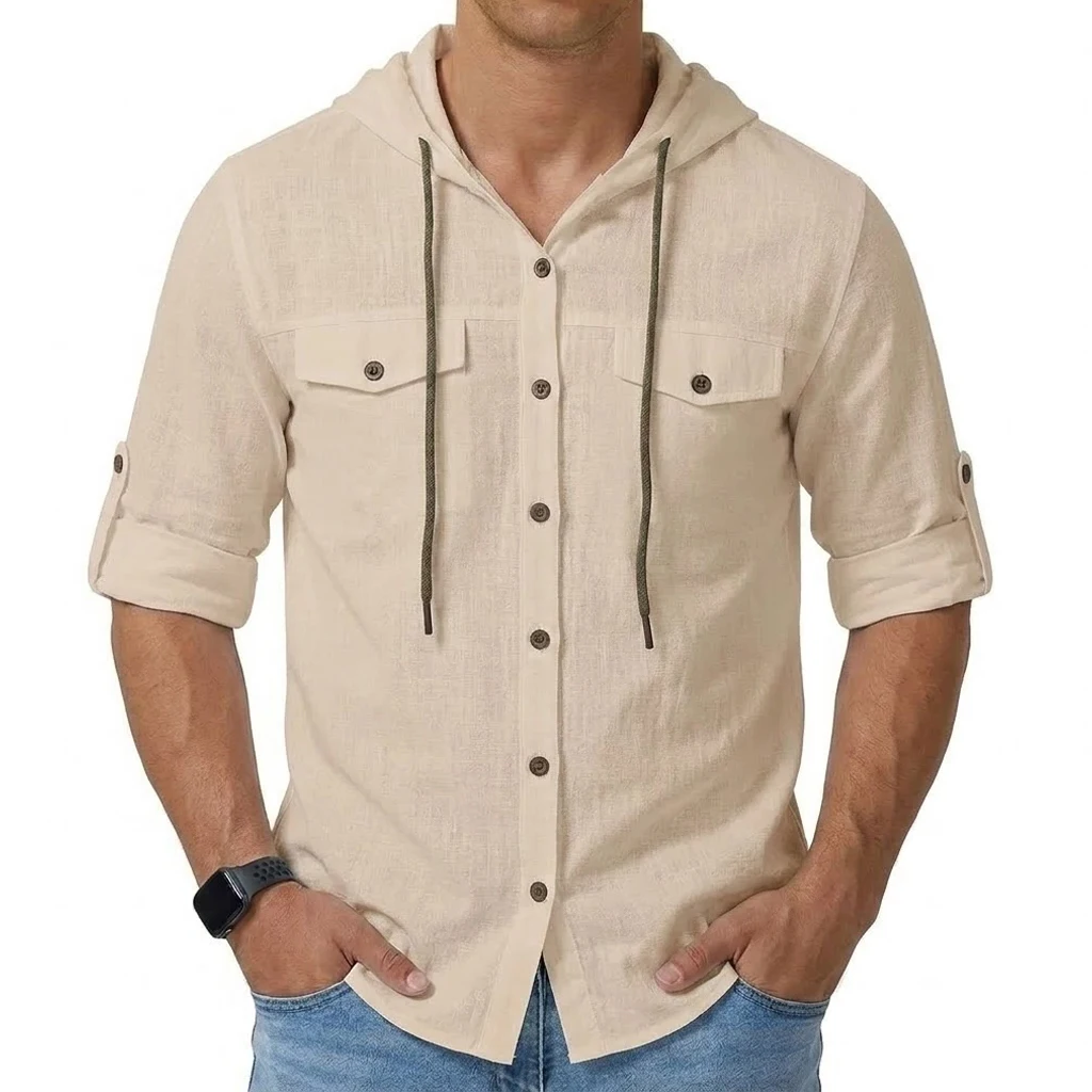 Mens New Casual Linen Henley Shirts Long Sleeve Summer Beach Hawaiian Tops Lightweight Sporty Button Hooded Tees for Modern Men
