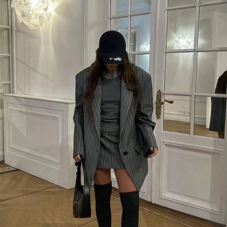 Traje a rayas Jaet f falda conjunto Faionable mujer conjunto otoño 2023 colección Ele ropa de trabajo estudiante orm