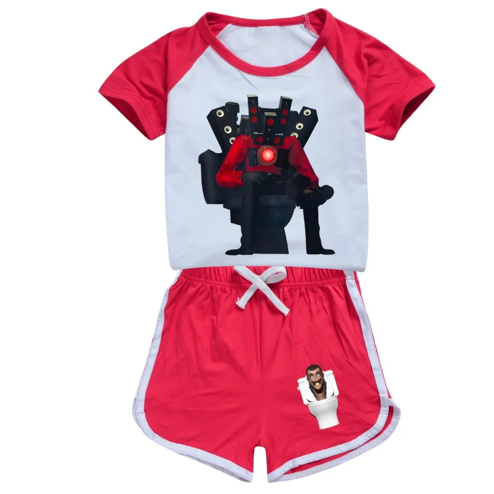 2023 Summer Horror Ame Skibidi Toilet Clothes Sets Kids Cartoon T-shirt Shorts Two-piece Suit for Boys Tracksuit Girls Outfits