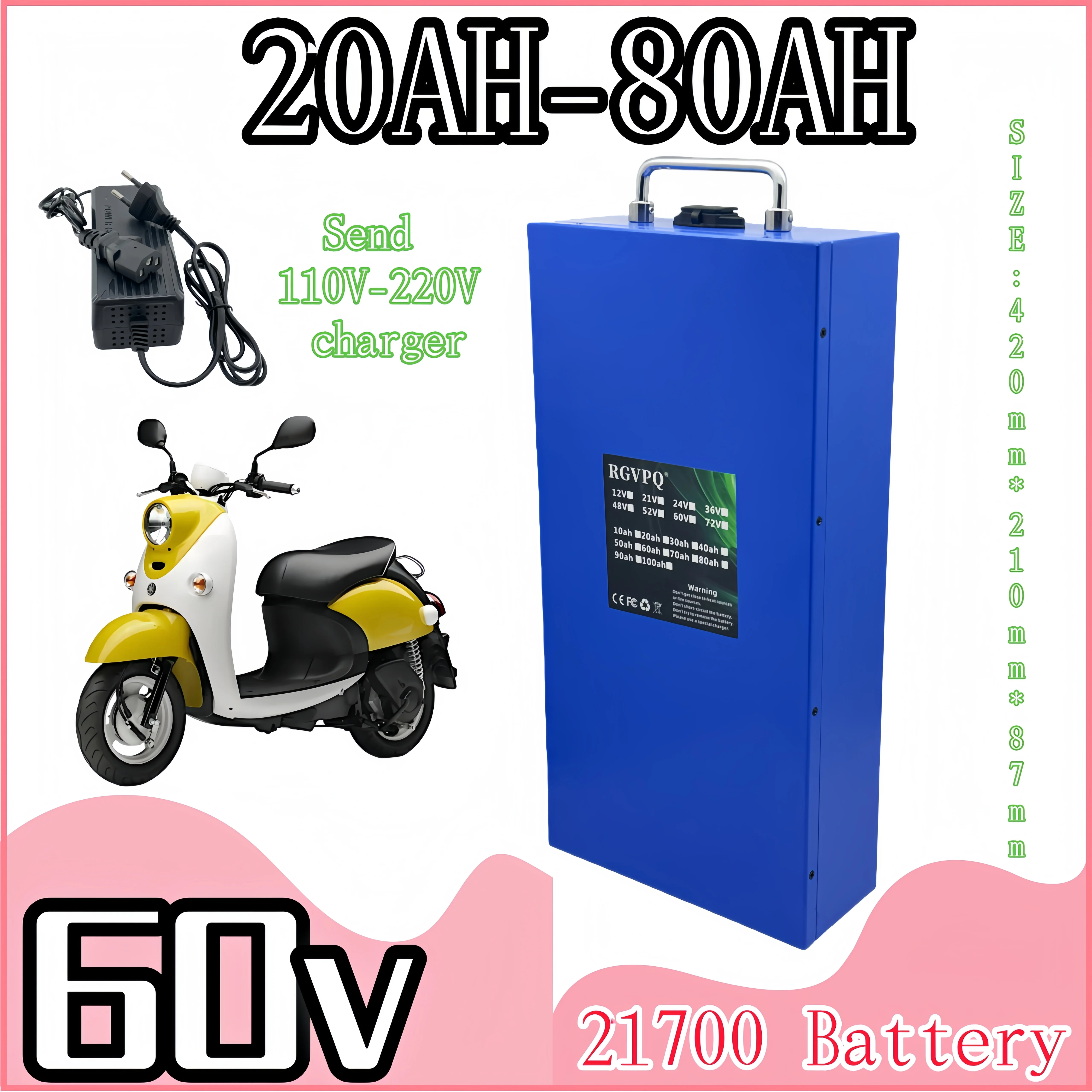 

21700 cell lithium-ion battery pack 60V40Ah-80AH +40AHBMS,suitable for 1000w-3000w electric bicycles, motor vehicles, tricycles