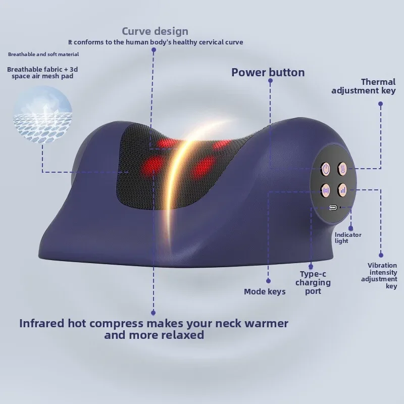 مريح C-شكل الرقبة الكتف مدلك مع تهدئة الحرارة متعدد المستويات كثافة قابلة للشحن لتخفيف الآلام تدليك وسادة عنق الرحم #5